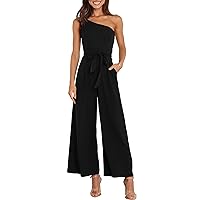 ANRABESS Women Summer Dressy One Shoulder Sleeveless Tie Waist Backless Casual Wide Leg Jumpsuits Romper Jumper Outfits