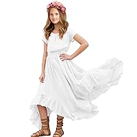 Girls’ Lace Boho Maxi Flower Dresses, Flowy and Swing Backless Strappy Irregular Dress for Daily or Party