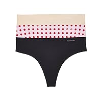 Calvin Klein Women's Invisibles 3-Pack Thong, Grid Dot/Beechwood/Black, X-Large