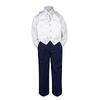 Leadertux 4pc Baby Toddler Boys White Vest Necktie Navy Blue Pants Suits Set S-7 (7)