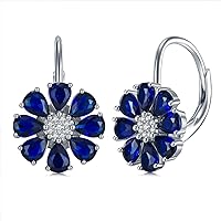 Blue Created Sapphire/Amethyst Flower Earrings for Women 925 Sterling Silver Pear Cut Flower Leverback Earrings