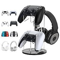 MoKo Universal Stand for Gamepad and Headphone Stand, 2 in 1 Game Controller Stand Holder Storage Organizer for ps5, ps4, Xbox One, Xbox Series, Controller Stand Gaming Accessories, Black&Clear