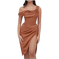 One Shoulder Cocktail Dress for Women Summer Sexy Cowl Neck Corset Evening Party Dress Ruched High Split Midi Dress