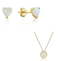 MAX + STONE 14k Yellow Gold Created Opal Heart Shape Stud Earrings and Round Pendant Necklace Set for Women | 5mm October Birthstone Earrings with Push Backs | 7mm Gold Bezel Round Pendant Necklace