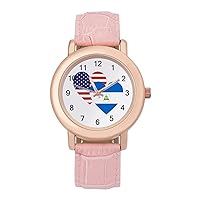 Nicaragua American Heart Flag Womens Watch Round Printed Dial Pink Leather Band Fashion Wrist Watches