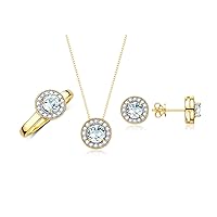 Rylos Halo Designer Matching Set 14K Yellow Gold : Ring, Earring & Pendant Necklace. Gemstone & Diamonds, 4MM Birthstone; Sizes 5-10.
