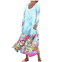 Summer Dress for Women Casual Printed Comfortable Fashion Printed 3/4 Length Sleeve Pocket Dress