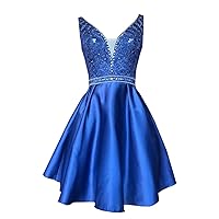Mollybridal V Cut Short Prom Party Dresses Applique Lace Beaded Satin A line Above The Knee Sequins