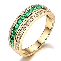 Natural Emerald Gemstone Princess Cut Solid 14K Yellow Gold Wedding Emerald Diamond Band Ring Set for Women