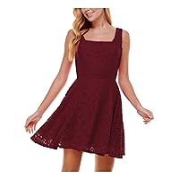 Womens Maroon Lace Zippered Fitted Lined Sleeveless Square Neck Mini Party Fit + Flare Dress Juniors 13