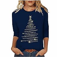Xmas Gifts For Teen Girls, Christmas Shirts For Women Bling Christmas Tree 3/4 Length Sleeve Graphic Tshirts O-Neck Casual Comfy Holiday Tops