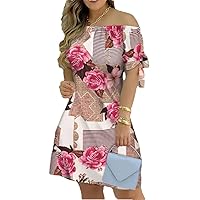 Women Casual A Line Dress Off Shoulder Stripped Dress Lace Up Short Sleeves Mini Dresses