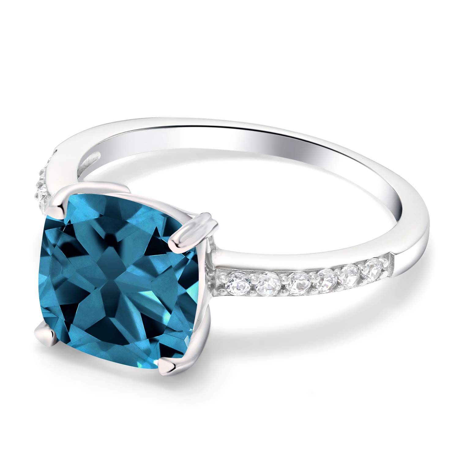 Gem Stone King 925 Sterling Silver London Blue Topaz Engagement Ring For Women (2.86 Cttw, Cushion Cut 8MM, Gemstone Birthstone, Available In Size 5,6,7,8,9)