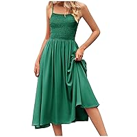 Women's Spaghetti Strap Smocked Pleated Midi Dress Summer Fashion Square Neck Flowy Swing Solid Color Cami Dresses