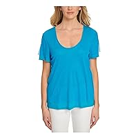 DKNY Womens Mesh Overlay Scoop Neck T-Shirt Blue S
