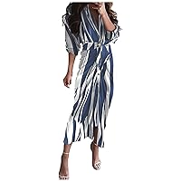Women's Long Sleeves Dresses with Button-Down Sexy V-Neck Tie Waist Print Long Skirt Elegant Casual Maxi Dress