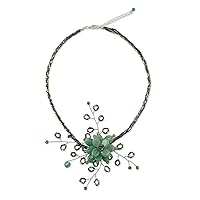 NOVICA Handcrafted Peridot Flower Necklace Floral Beaded Quartz Stainless Steel Glass Green Choker Pendant Thailand Hemlock Lucite Limpet Shell Birthstone 'Elusive Blossom'