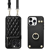 LAMEEKU Wallet Case for iPhone 15 Pro Max, 360°Rotation Ring Kickstand,Quilted Leather Card Holder with Crossbody Chain