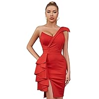 Exclusive Women Casual Evening Formal Dress Red One Shoulder Ruffle V-Neck Bridesmaid Wedding Guest Dress
