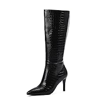 Modatope Knee High Boots Women Tall Boots Pointed Toe Stiletto High Heel Side Zipper Long Boots for Women Faux Crocodile Boots, Not Wide Calf