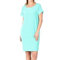 Women's Round Neck Rolled Sleeve Knee Length Tunic Shirt Dress with Pockets (Mint, 2X)
