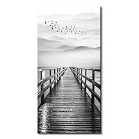TEKMENT Lake Canvas Wall Art for Aisle Corridor Home Office, Black & White Pier with Birds Flying Picture Prints Painting Decor, Vertical Calm Wharf Mountain Landscape Artwork, Inner Frame 20x40 IN