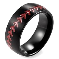Men's 8mm Plated Black Domed Titanium Ring with Engraved Baseball Pattern