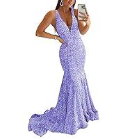 Sparkly Sequin Prom Dresses Long Deep V-Neck Sexy Mermaid Formal Cocktail Dresses for Women Backless