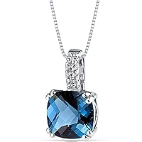 PEORA London Blue Topaz Pendant for Women 14K White Gold with White Topaz, Genuine Gemstone Birthstone, 3.50 Carats Cushion Cut, 9mm, with 18 Inch Chain