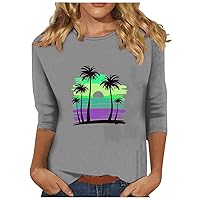 Womens Tops 3/4 Sleeve Crewneck Cute Shirts Casual Sunset Print Trendy Tops Three Guarter Length T Shirt Summer Pullover