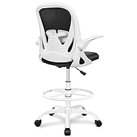 Primy Drafting Chair Tall Office Chair with Flip-up Armrests Executive Ergonomic Computer Standing Desk Chair with Lumbar Support and Adjustable Footrest Ring(White)