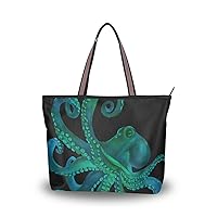 Women Large Tote Top Handle Shoulder Bags Blue Watercolor Octopus Patern Ladies Handbag