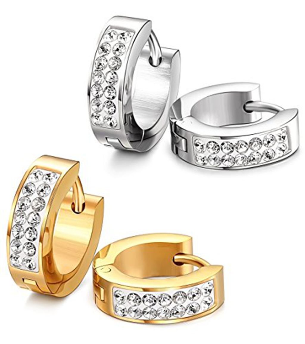 Stainless Steel Womens Mens Hoop Earrings Huggie Earrings CZ Piercings Hypoallergenic 18G (2pair Gold&Silver)