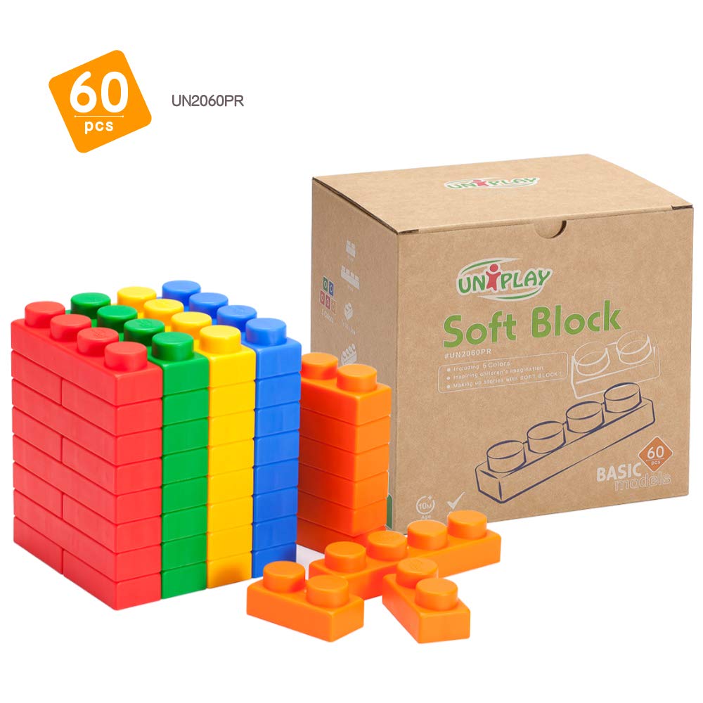UNiPLAY Basic Soft Building Blocks — Cognitive Development Toy, Educational Blocks, Interactive Sensory Chew Toy for Ages 3 Months and Up (60-Piece Set)