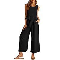 AUTOMET Womens Summer 2 Piece Outfits Linen Crop Tank Tops Lounge Matching Sets & Long Track Pants Tracksuits 2024