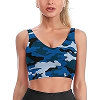 Navy Blue Camo Women's Sports Bra Wirefree Bras U-Shaped Neckline Yoga Vest Workout Tank Top