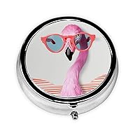 Hello Glasses Flamingo Print Round Pill Organizer 3 Compartment Pill Box Portable Medicine Pill Case for Outdoor Travel