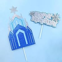 Cake Topper for Frozen Theme Party, Snowflake & Ice Castles Cake Decoration, Ice Queen Shiny Silver Happy Birthday Flag with Snow