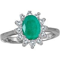 14k White Gold Oval Emerald And Diamond Ring