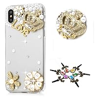 STENES Sparkle Case Compatible with Moto E6 - Stylish - 3D Handmade Bling Crown Flowers Love Rhinestone Crystal Diamond Design Cover Case - Gold
