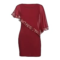 Women's T Shirt Dress Plus Size Cold Shoulder Overlay Asymmetric Chiffon Strapless Sequins Dress Party