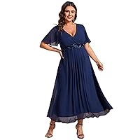 Ever-Pretty Women's V Neck Pleated Plus Size Ruffles Sleeves Tea Length Wedding Guest Dresses 02093