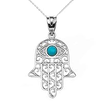 Little Treasures 14 ct White Gold Hamsa Hand with Hamsa Hand with Turquoise Evil Eye Pendant Necklace Necklace (Available Chain Length 16