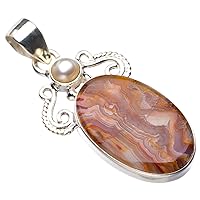 Natural Crazy Lace Agate And River Pearl Handmade 925 Sterling Silver Pendant 1.75