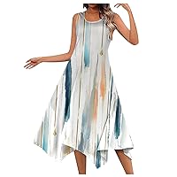 Summer Dresses for Women 2024 Trendy Boho Floral Print Crew Neck Sleeveless Sundresses Irregular Hem Maxi Dress