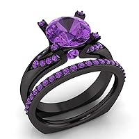 2.40 CT Round Simulated Purple Amethyst Bridal Wedding Ring Set 14K Black Gold Finish