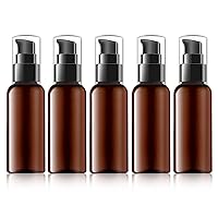 RAYNAG 5 Pack Travel Pump Bottles Empty Refillable Plastic Pump Bottle Spray Bottle Dispenser With Black Cap for Lotion Cream Essential Oil Travel Container, 50ml/1.7oz (Brown)