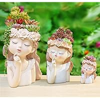 3-Packs Cute Succulent Plant Pot with Drainage Hole Girl face Planter Pot Big Resin Lady Head Planter 11 inch Tall Flower vases for Indoor and Outdoor (Fantasy)