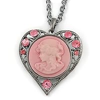 Pink Crystal Cameo Heart Pendant with Chain In Gun Metal - 60cm L/ 5cm Ext