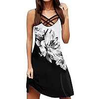 XJYIOEWT Sundresses for Women 2024 Casual Beach, Women Summer Casual Lace Up Pullover Dress Vintage Print Hollow Out V